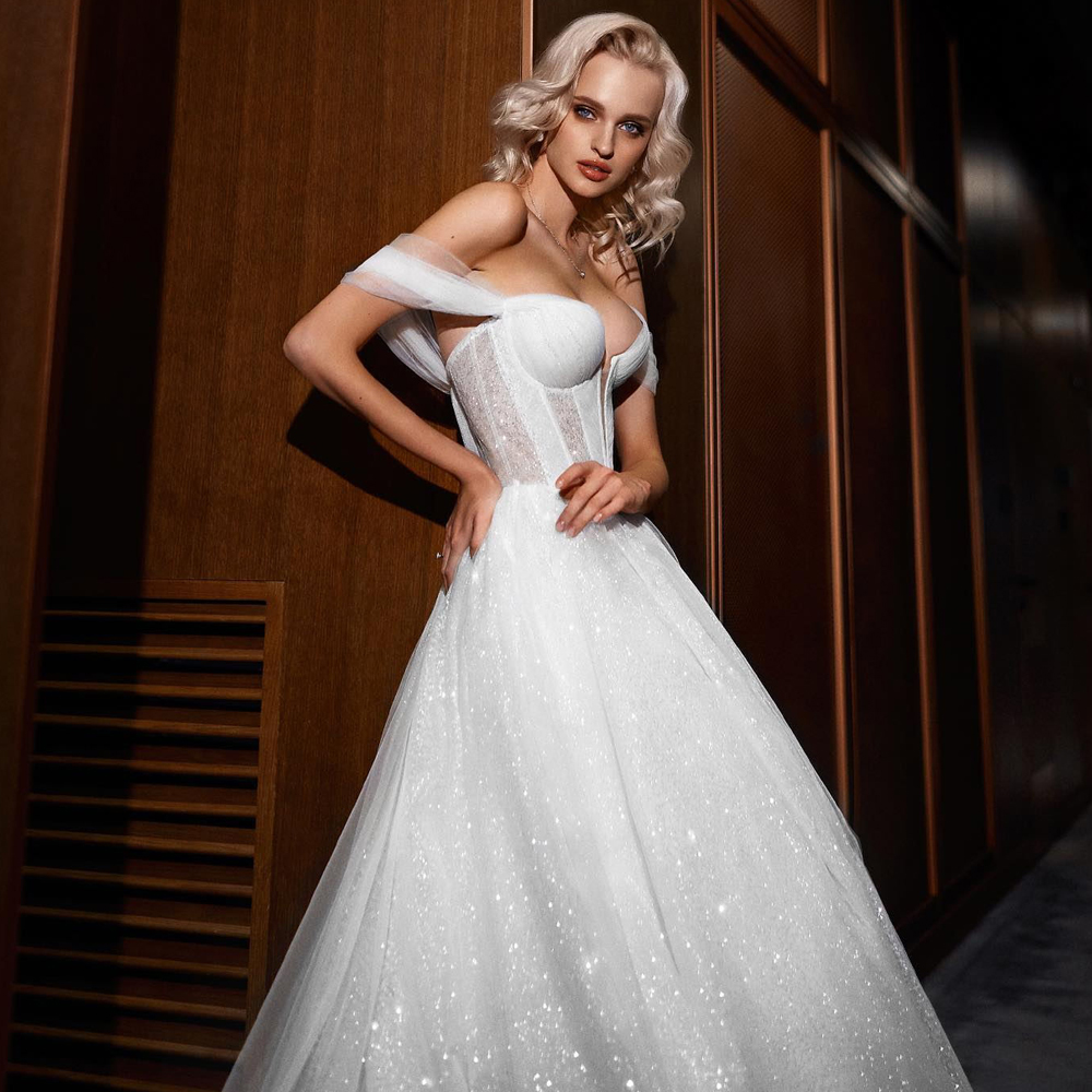 Stunning Off The Shoulder Glitter Wedding Dresses For Bride V-neck Tulle A Line Bridal Gown Custom Made Summer Garden Robe de mariee