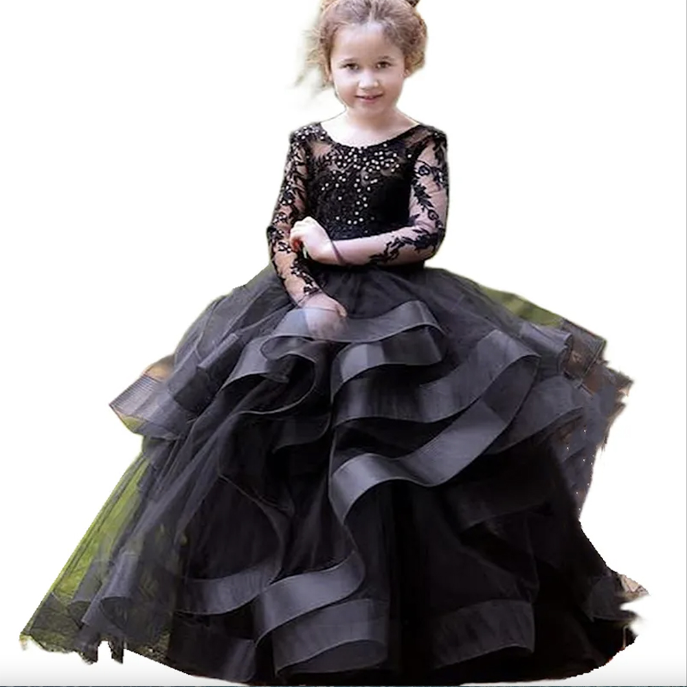 Princess Flower Girls Dresses Ruffles Pluffy Organza Long Wedding Party Gowns Lace Appliques Sequins Beaded Ball Gown Kids Brithday Party Dress Custom