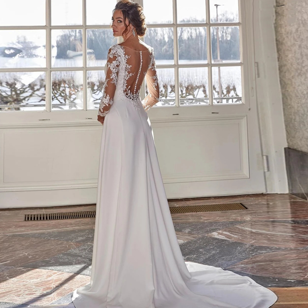 Civil Lace Sleeve A Line Dresses Scoop Neck Button Back Bridal Gown Satin Garden Country Wedding Gowns 407