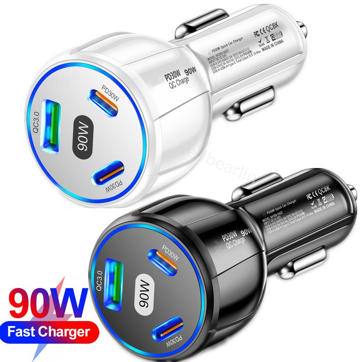 Fast Quick Charging 90W 2*PD30W 3 Ports Type c USB C Car Charger Power Adapters For Ipad 2 3 4 Iphone 13 14 15 Samsung S23 S24 Htc lg Android phone