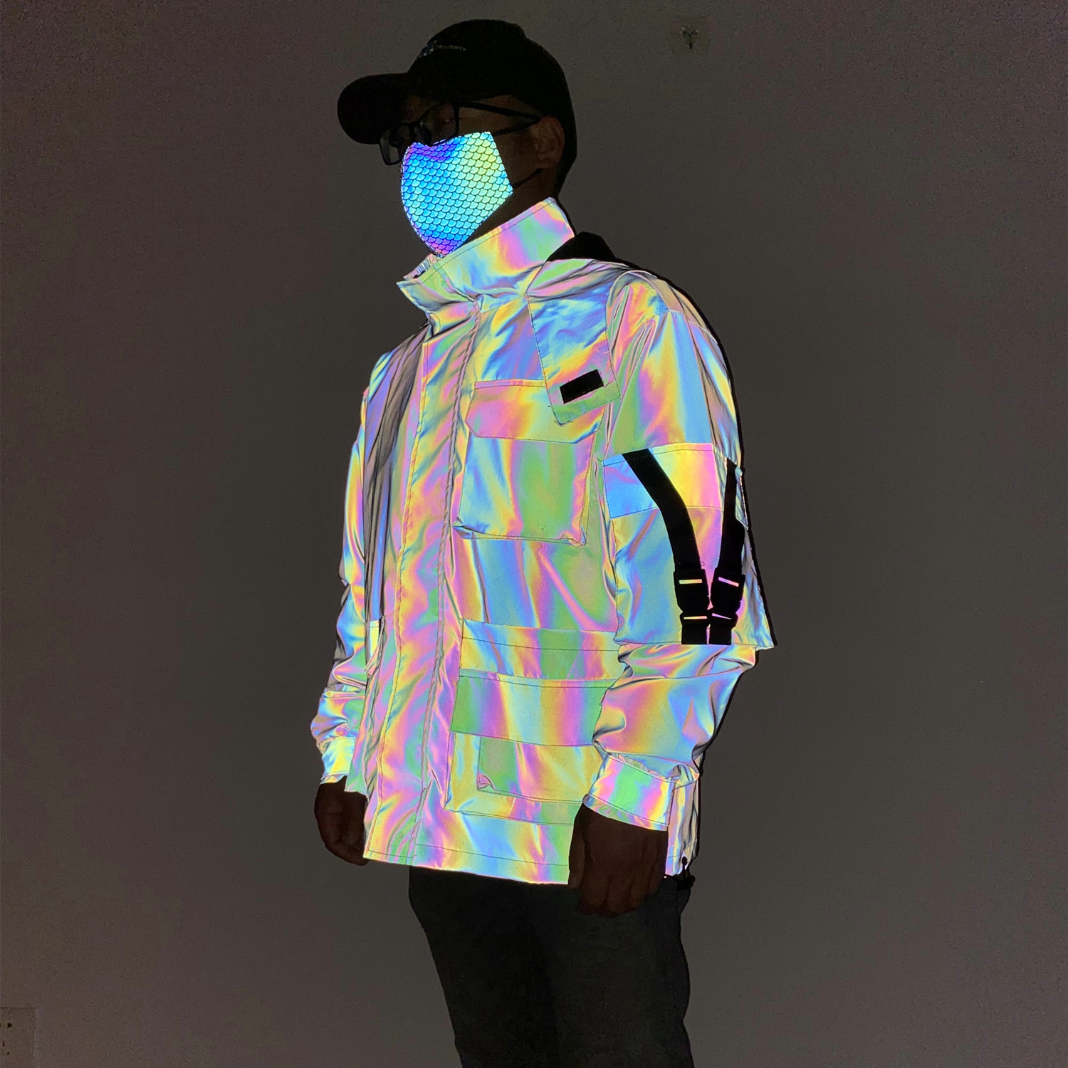 Casual men three dimensional multi pocket zipper cargo hoodded dazzling reflective jacket