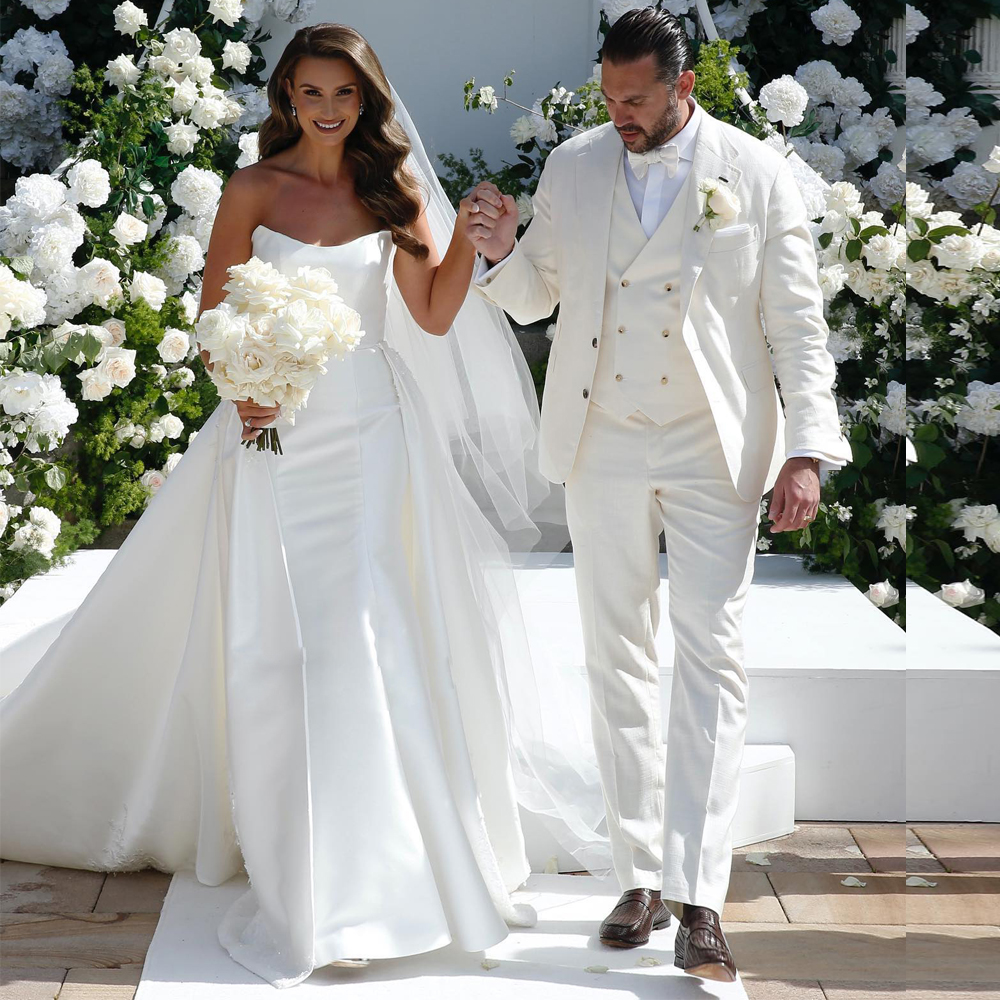 Elegant Scoop Neck Line Satin Mermaid Dresses With Detachable Train Formal Brdal Grown 2023 Rode De Morrie