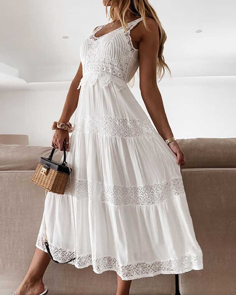 2023 Summer New Ladies Midi White Casual Lace Dress Spaghetti Strap Sleeveless Elegant Daily Office