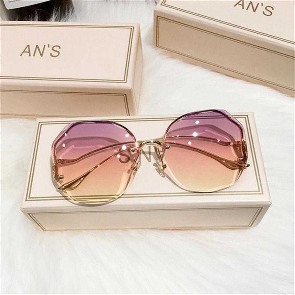 New 2022 Fashion Brown Gradient Sunglasses Women's Frameless Cut Edge Multi-Deformable Metal Curved Temple Sunglasses