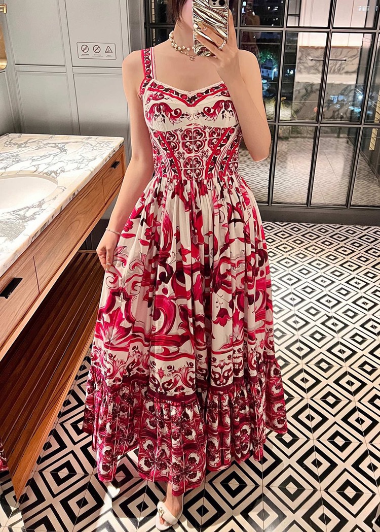 Fancy Dress European Luxury Designer Dress Spring/Summer New Pink Ceramic Glaze Suspender Dress