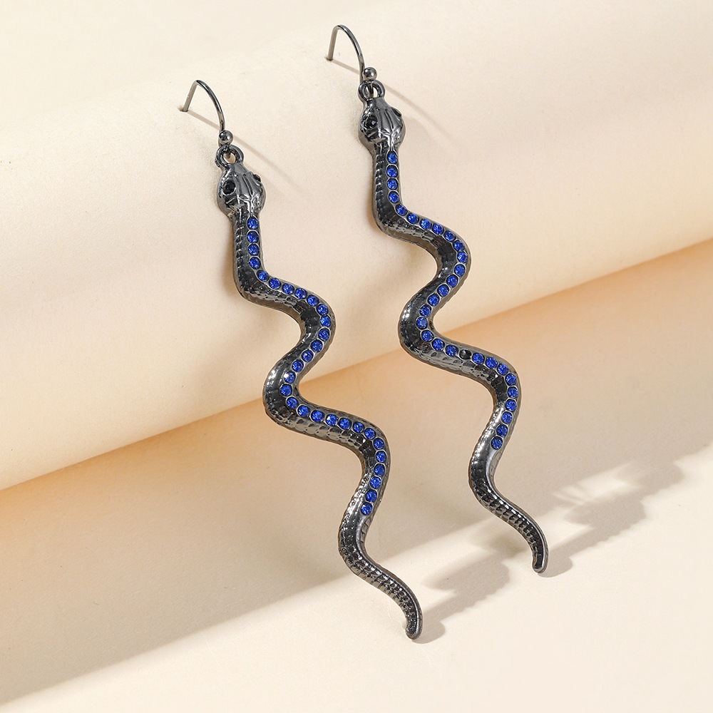 Ethnic Blue Austrian Crystal Snake Dangle Earrings Personality Serpent Long Earrings for Women Brithday Party Jewelry Gift