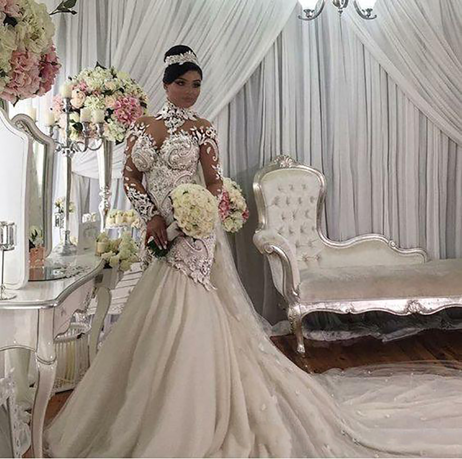 2023 Azzaria Haute Plus Size Illusion Long Sleeve Mermaid Wedding Dresses Nigeria High Neck Full back Dubai Arabic Castle Wedding Gown