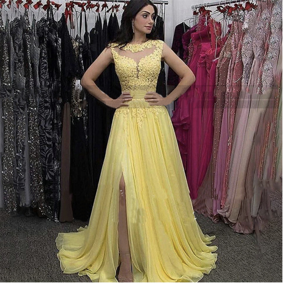 Yellow Lace A Line Bridesmaid Dresses With Beads Appliques Chiffon Sheer Neck Side Split Wedding Party Dress Robe De Soiree