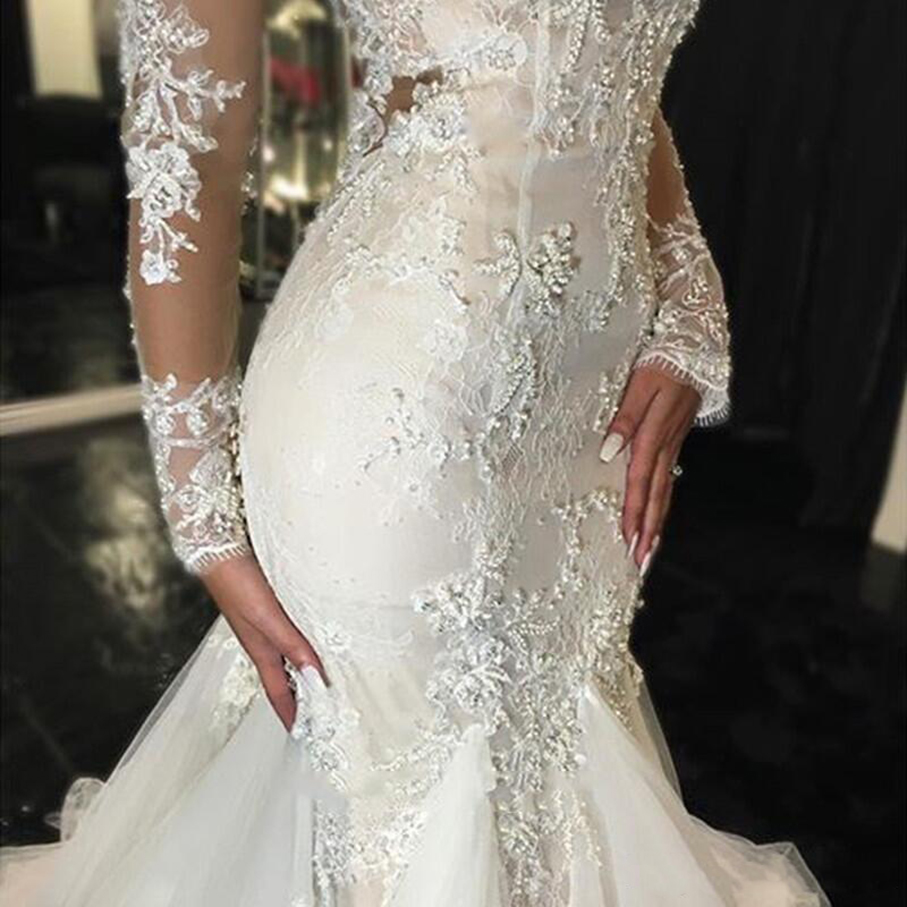 2023 Vintage Mermaid Wedding Dresses Long Sleeves Lace Appliques Beaded Wedding Gowns Sweep Train Jewel Bridal Gowns