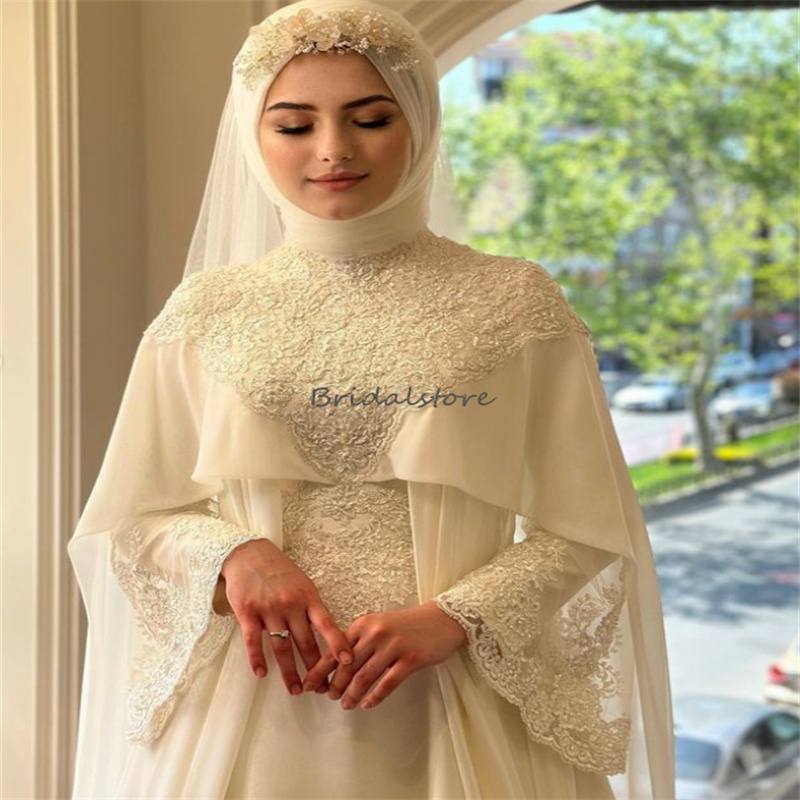 Luxury Islamic Muslim Wedding Dress With Caped Elegant Long Sleeve Lace Boho Turkey Moroccan Dubai Bridal Gown Arabic Bride 2023 Vestidos De Novia abi
