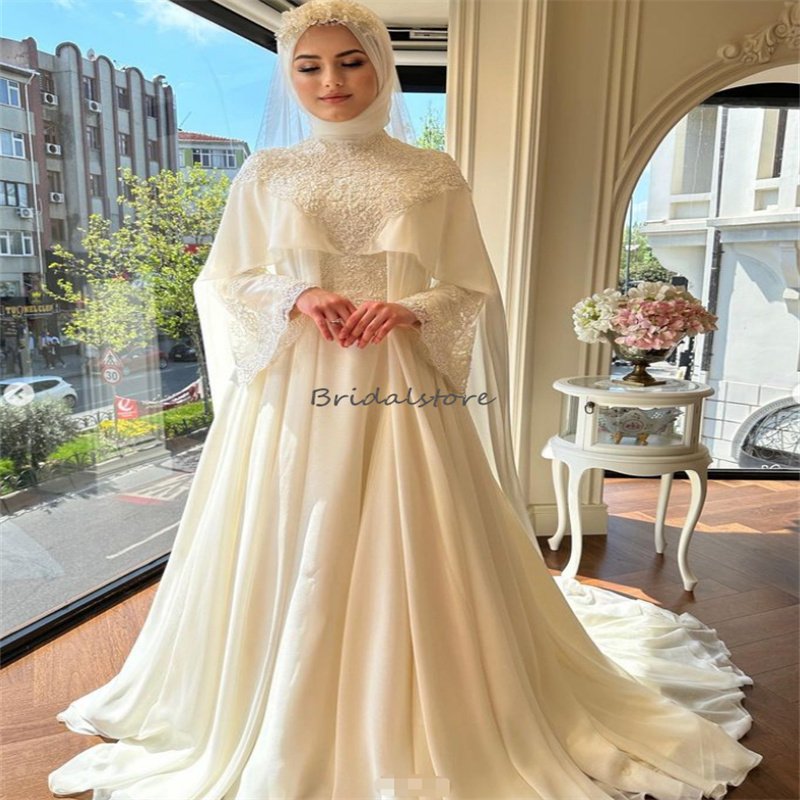 Luxury Islamic Muslim Wedding Dress With Caped Elegant Long Sleeve Lace Boho Turkey Moroccan Dubai Bridal Gown Arabic Bride 2023 Vestidos De Novia abi