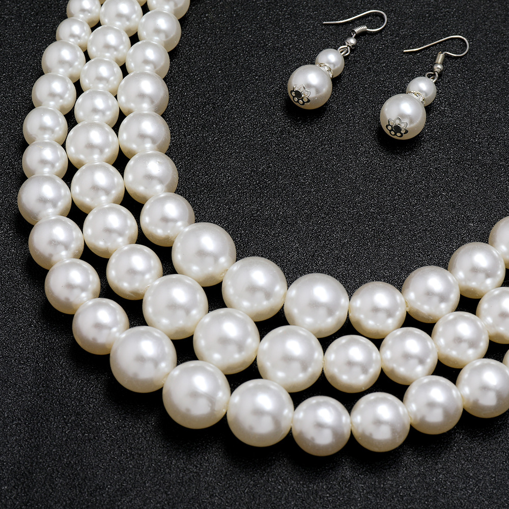 Multi Layers White Simulated Pearl Necklace Earrings Jewelry Set for Women Bridal Exaggerated Party Necklace Earrings Set Jewelry Gift Promotion Price
