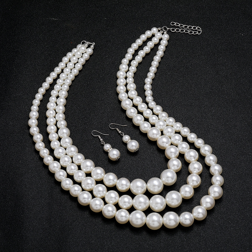 Multi Layers White Simulated Pearl Necklace Earrings Jewelry Set for Women Bridal Exaggerated Party Necklace Earrings Set Jewelry Gift Promotion Price