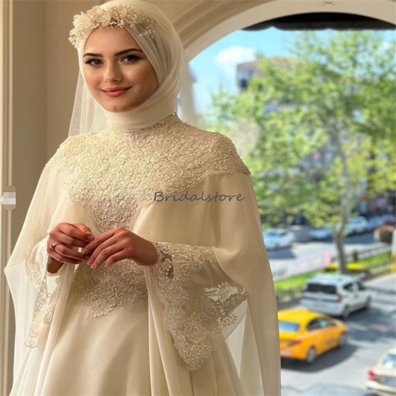 Luxury Islamic Muslim Wedding Dress With Caped Elegant Long Sleeve Lace Boho Turkey Moroccan Dubai Bridal Gown Arabic Bride 2023 Vestidos De Novia abi
