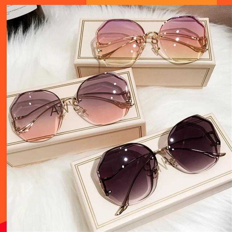 New 2022 Fashion Brown Gradient Sunglasses Women's Frameless Cut Edge Multi-Deformable Metal Curved Temple Sunglasses