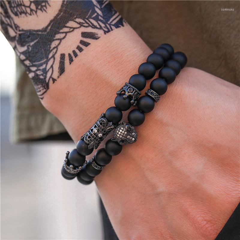 Charm Bracelets Ashion 3PCS/Set 6mm Black Matte Stone Copper Bead Bracelet Elastic Rope CZ Ball Leopard Skull Crown For Men Women