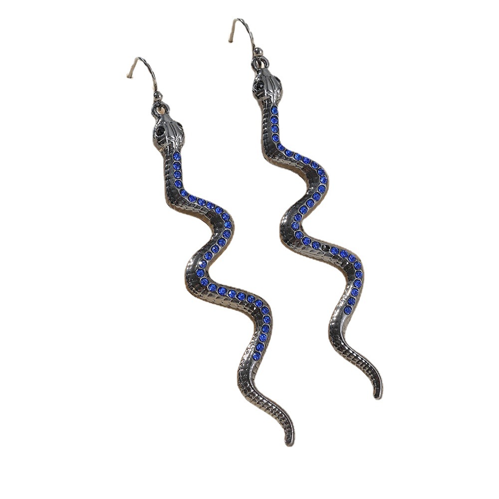 Ethnic Blue Austrian Crystal Snake Dangle Earrings Personality Serpent Long Earrings for Women Brithday Party Jewelry Gift