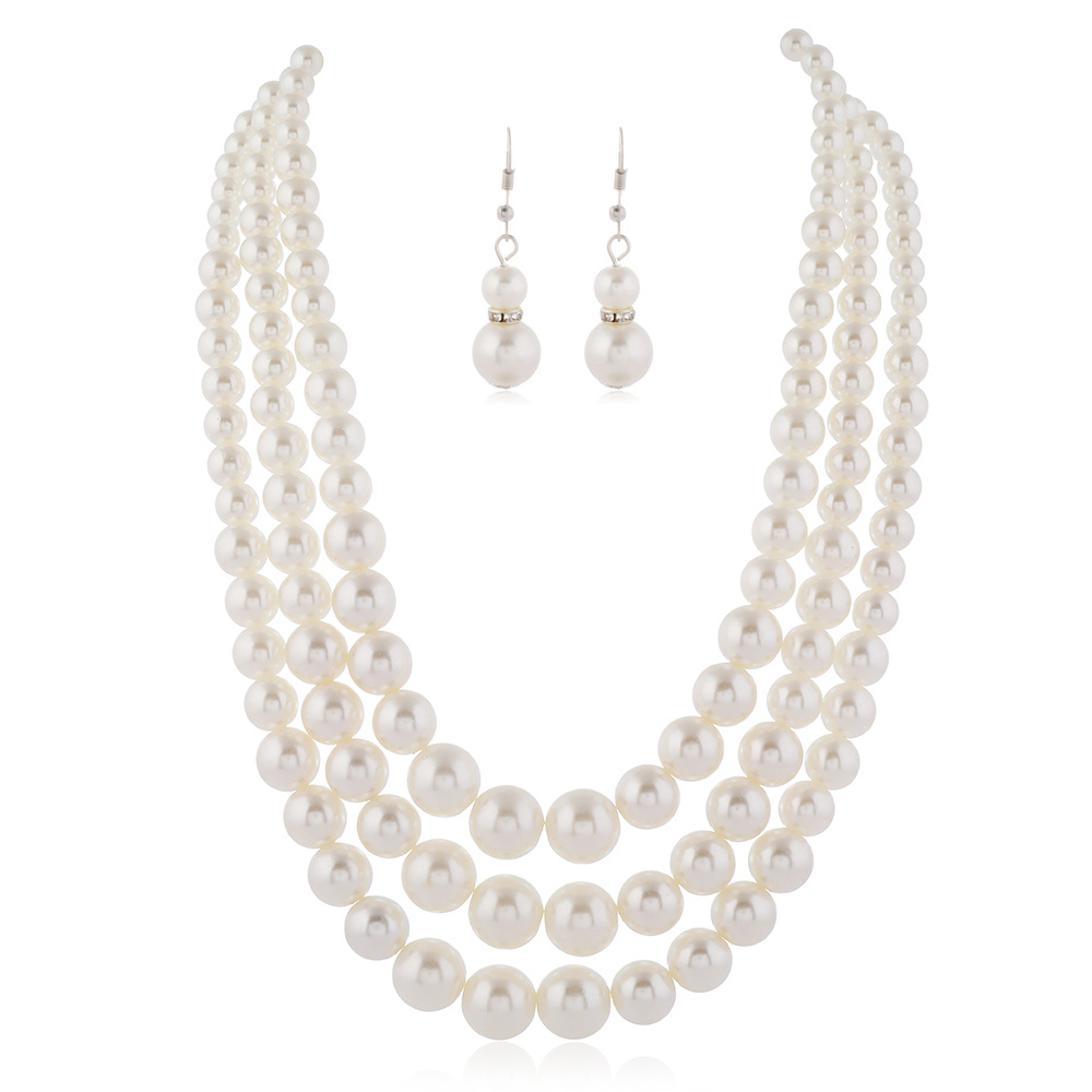 Multi Layers White Simulated Pearl Necklace Earrings Jewelry Set for Women Bridal Exaggerated Party Necklace Earrings Set Jewelry Gift Promotion Price