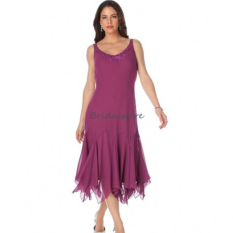Elegant Purple Mother Of The Bride Dress 2023 Two Piece Chiffon Tea Length Plus Size Wedding Guest Dress With Jacket Evening vestidos de madrina Groom