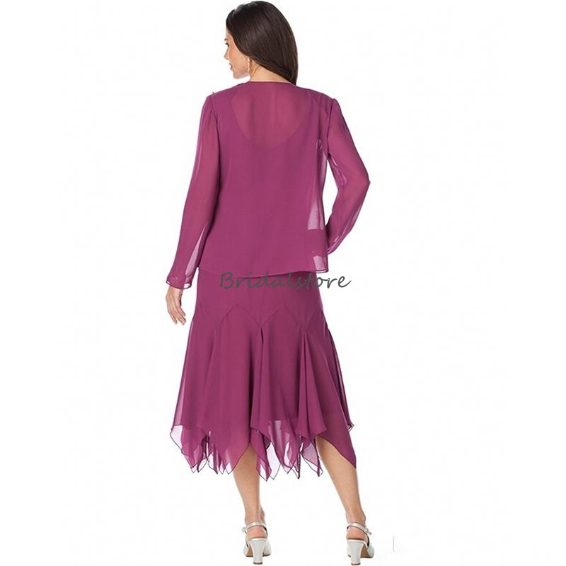 Elegant Purple Mother Of The Bride Dress 2023 Two Piece Chiffon Tea Length Plus Size Wedding Guest Dress With Jacket Evening vestidos de madrina Groom