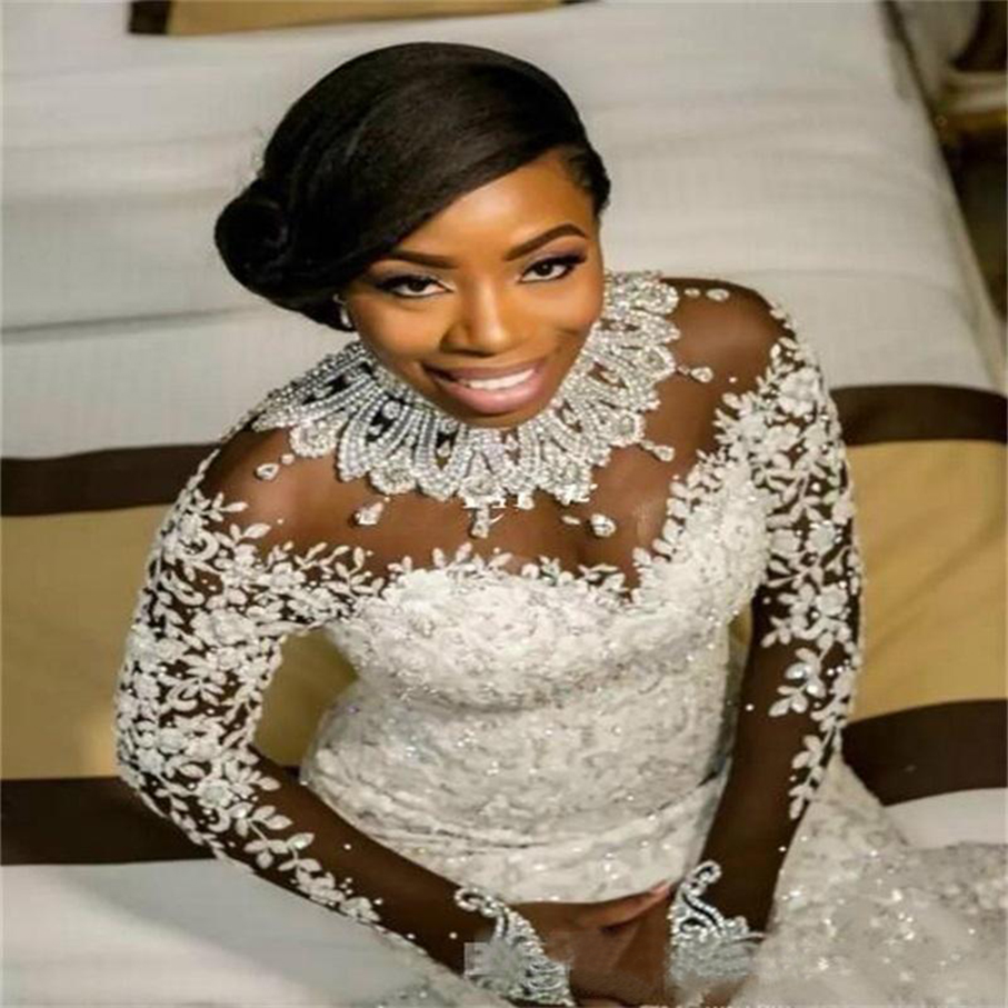 2023 Luxury Mermaid Wedding Dresses Sheer Long Sleeve High Neck Crystal Beads Chapel Train African Arabic Bridal Gowns vestidos de novia