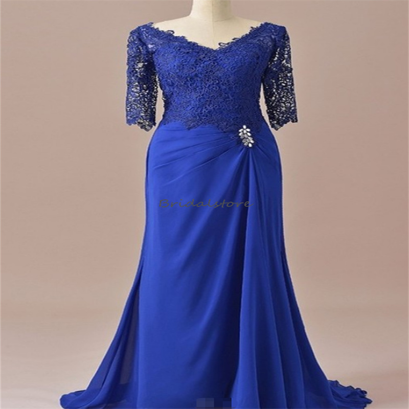 Elegant Royal Blue Mother Of The Bride Dress Real Image Half Sleeves Lace Wedding Guest Wear 2023 V Neck Beaded Groom Mom Evening Dress Formal Prom Oc
