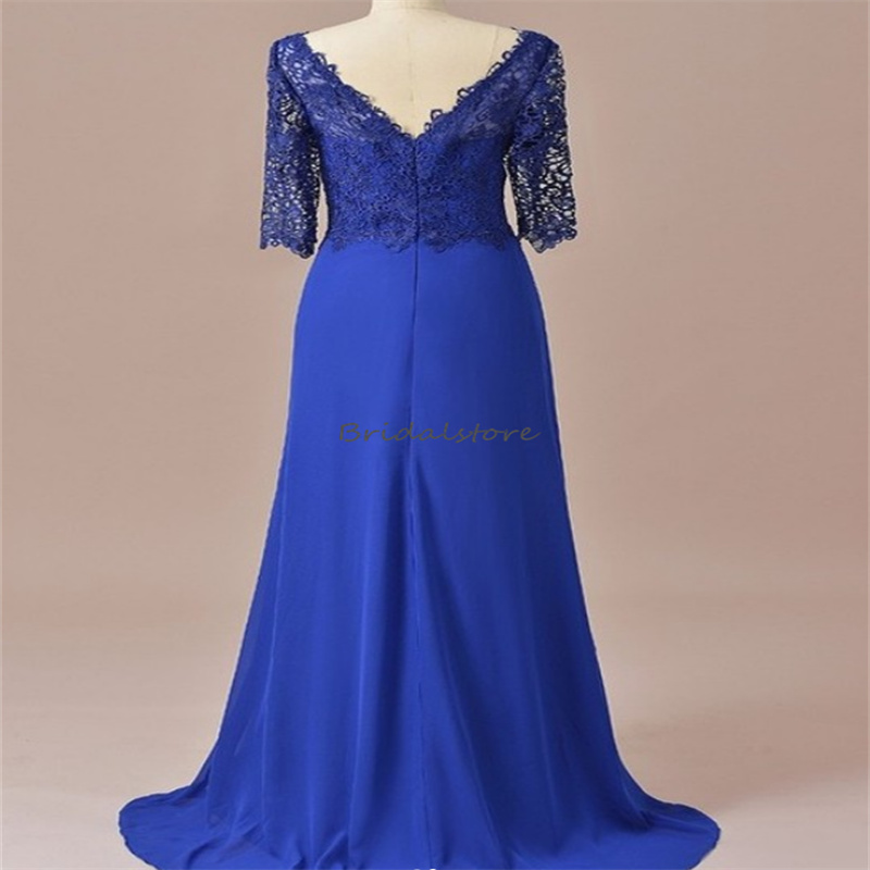 Elegant Royal Blue Mother Of The Bride Dress Real Image Half Sleeves Lace Wedding Guest Wear 2023 V Neck Beaded Groom Mom Evening Dress Formal Prom Oc