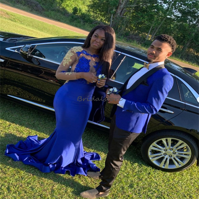 Elegant Royal Blue Prom Dress For Black Girls Long Sleeve Mermaid Gold Lace Evening Gowns 2023 Tight African Birthday Party Wear robe de soiree vestid