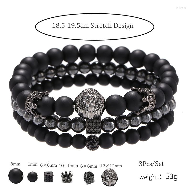 Charm Bracelets Ashion 3PCS/Set 6mm Black Matte Stone Copper Bead Bracelet Elastic Rope CZ Ball Leopard Skull Crown For Men Women