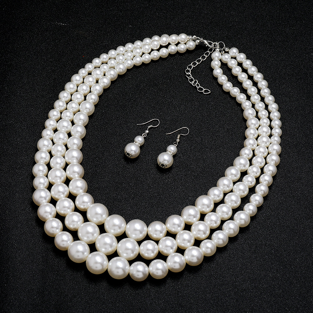 Multi Layers White Simulated Pearl Necklace Earrings Jewelry Set for Women Bridal Exaggerated Party Necklace Earrings Set Jewelry Gift Promotion Price