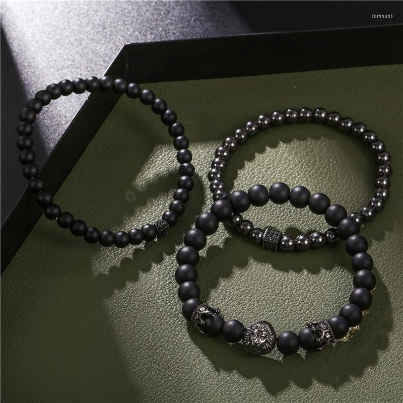 Charm Bracelets Ashion 3PCS/Set 6mm Black Matte Stone Copper Bead Bracelet Elastic Rope CZ Ball Leopard Skull Crown For Men Women