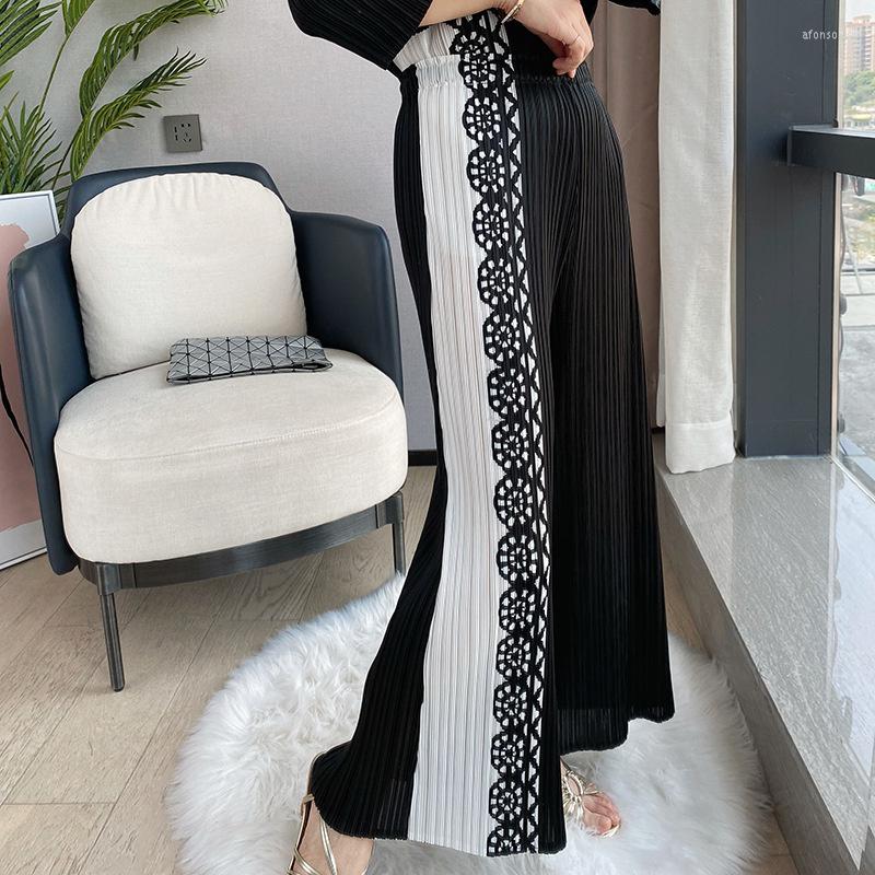 Womens Two Piece Pants Women Pleated Suit Flower Print Round Collar T Shirt Wide Leg Casual Style 2023 Autumn Fashion Cloth