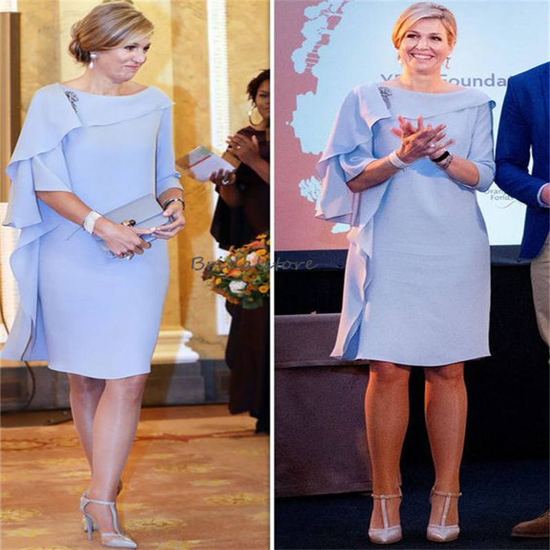 Elegant Blue Knee Length Mother Of The Bride Dress 2023 With Sleeves Plus Size Mom Evening Formal Dress Women Wedding Guest Wear Groom Mothers Prom Pa