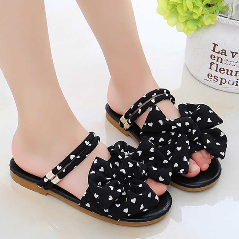 Sandals Summer Little Girls Sandals Kids Shoes Wave Point Bow Cute Black White Green Children Sandals Baby Soft Casual School Girl Shoes R230529
