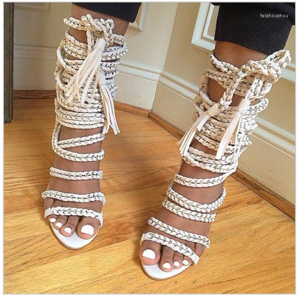 Sandals Sexy Chains Rope Women High Heels Stiletto Tassel Lace Up Gladiator Botas Strappy Celebrity Summer Shoes Woman