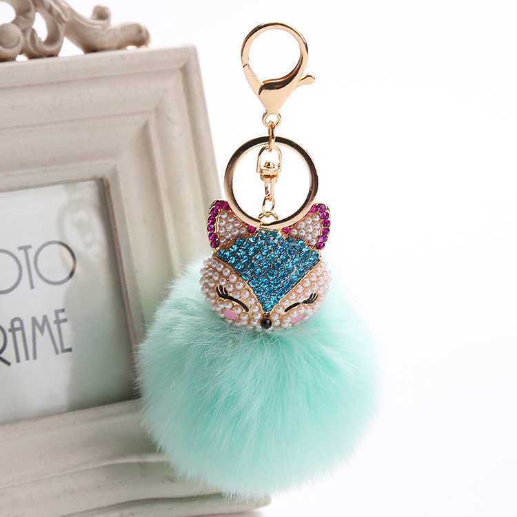 Key Rings Fancy Fantasy New Rabbit 8cm Fur Ball Fox Head Inlaid Pearl Rhinestone Car Keychain Handbag Keyring G230526