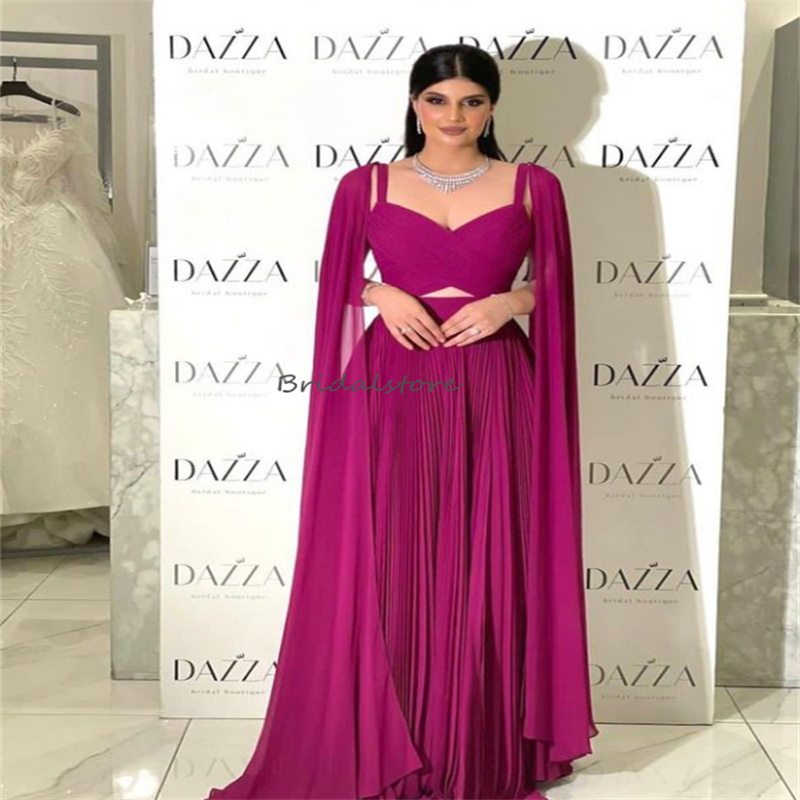 New Arabic Dubai Evening Dress With Cape Sleeves Elegant 2023 Floor Length Chiffon Prom Dress Chic Women Birthday Formal Party Vestidos De Noche Dubai