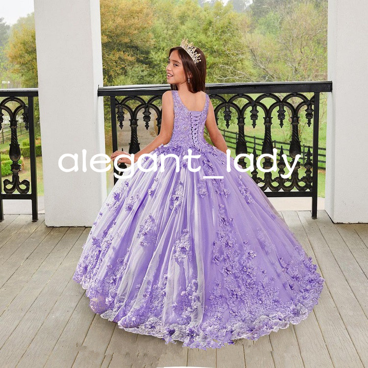 Puffy Princess Flower Girl Dresses mini quinceanera dress Lilac lavender Applique Lace-up Birthday Pageant gown