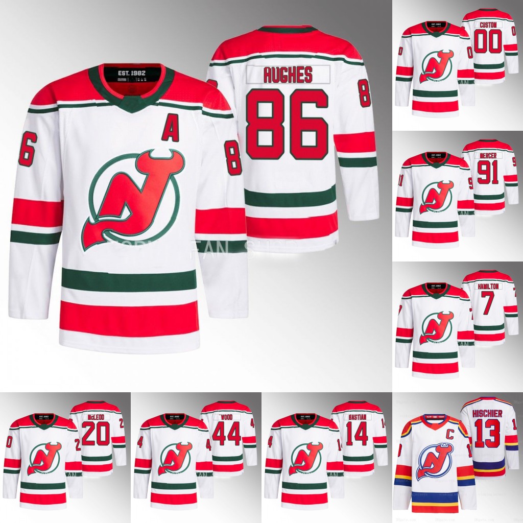 Nico Hischier Devils Jersey Dawson Mercer Vitek Vanecek Jesper Bratt Jack Hughes Brendan Smith Alexander Holtz Miles Wood Erik Haula John Marino Nathan Bastian, Blue
