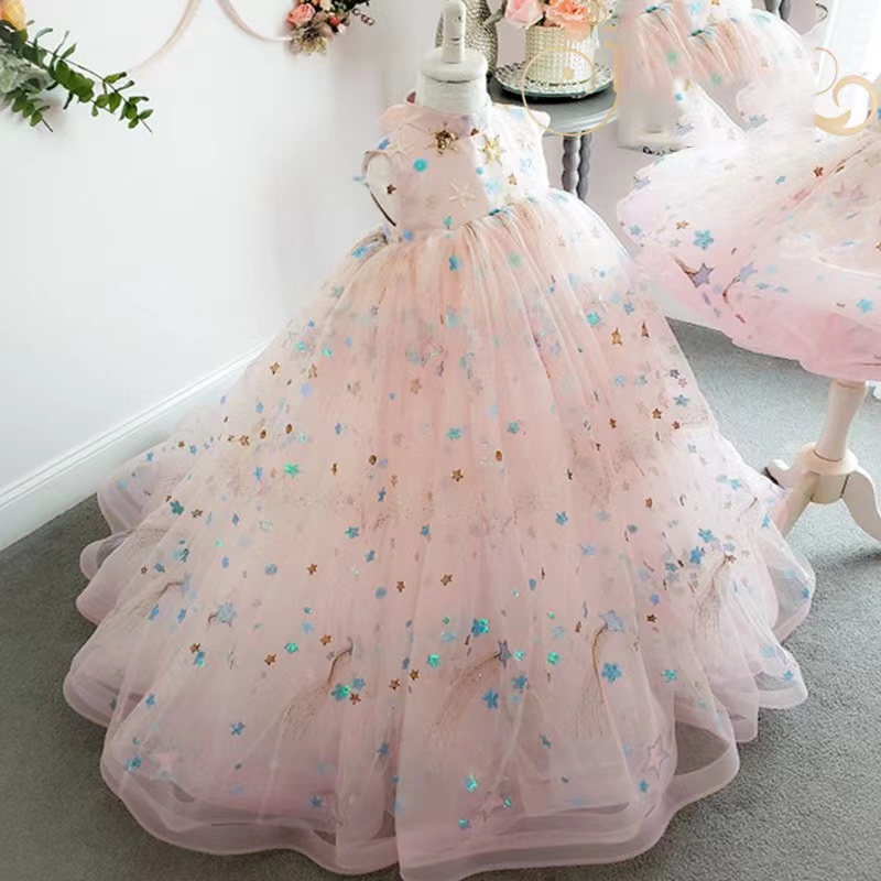 Cute Handmade Flower Girls Dresses Bow Belt Bead Princess Kids Bridesmaid Dress Girl Pageant Ball Gown star sequined crystal long tain Puffy Bridesmai