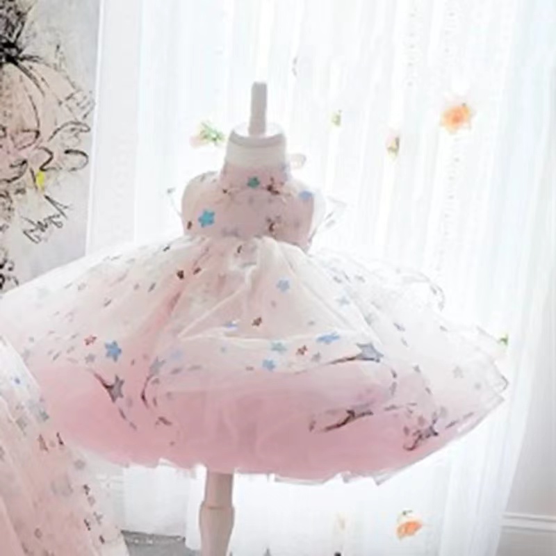 Cute Handmade Flower Girls Dresses Bow Belt Bead Princess Kids Bridesmaid Dress Girl Pageant Ball Gown star sequined crystal long tain Puffy Bridesmai