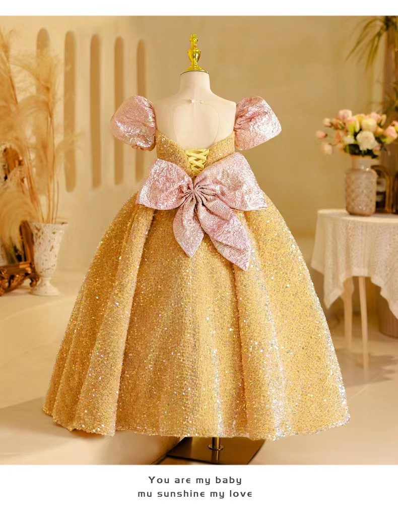 Lovely Gold Pink Flower Girl Dresses For Weddings Jewel Neck Crystal Beads Tulle Princess Girls Pageant Dress Short Sleeves Big Bow Kids Communion Gow