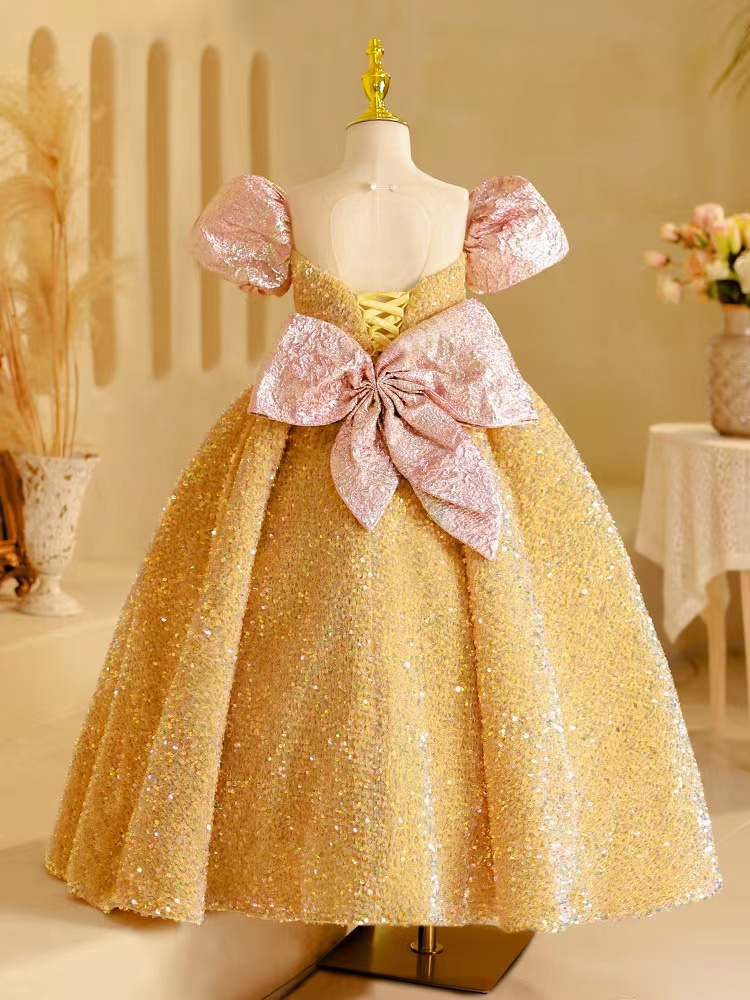 Lovely Gold Pink Flower Girl Dresses For Weddings Jewel Neck Crystal Beads Tulle Princess Girls Pageant Dress Short Sleeves Big Bow Kids Communion Gow