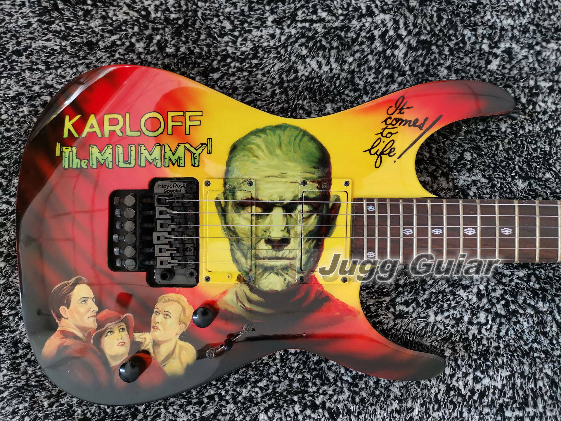 Hand Paint Kirk Hammett KH-2 Boris Karloff Mummy Electric Guitar Floyd Rose Special Tremolo Bridge, Active EMG Pickups, Black Hardware,24 XJ frets, Eye of Horus inlays