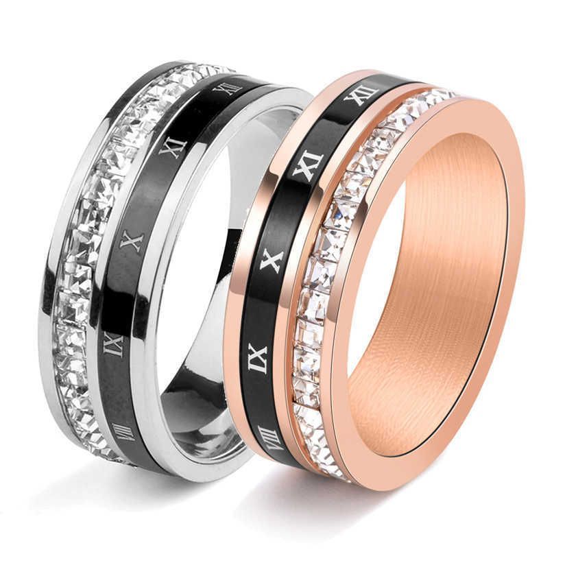 GZW 18k Gold Plated Roman Numeral Cubic Zirconia Ring for Women Spinner Silver Mens Rings Stainless Steel Square Cz Rings for Men and women couple