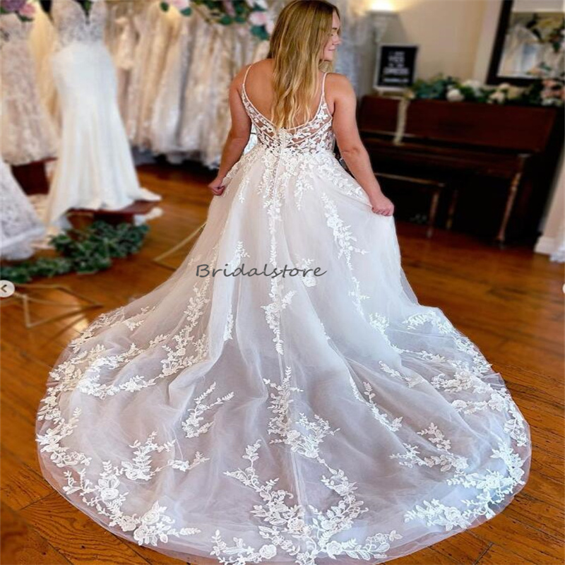 Plus Size Boho Wedding Dress 2023 Elegant A Line Tulle Lace Bohemain Bridal Gowns Appliques Backless V Neck Beach Country Bride Vestidos De Novia abit