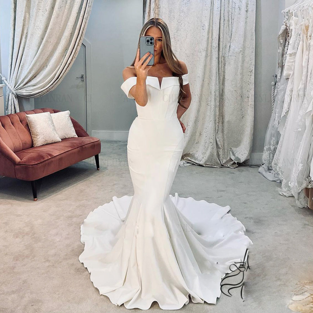Simple Off the Shoulder Mermaid Bridal Dresses Boat Neck Satin Garden Wedding Gowns Sweep Train Vestido de Novia