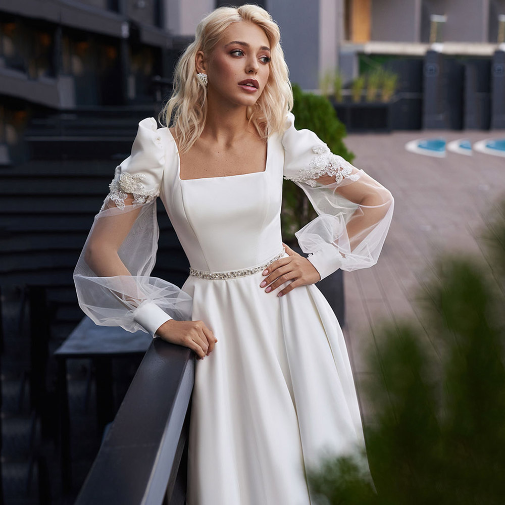 Square Neck A Line Wedding Dress Puffy Sleeve Button Back Bridal Gown Appliques Bead Waist Satin Vestidos De Novia