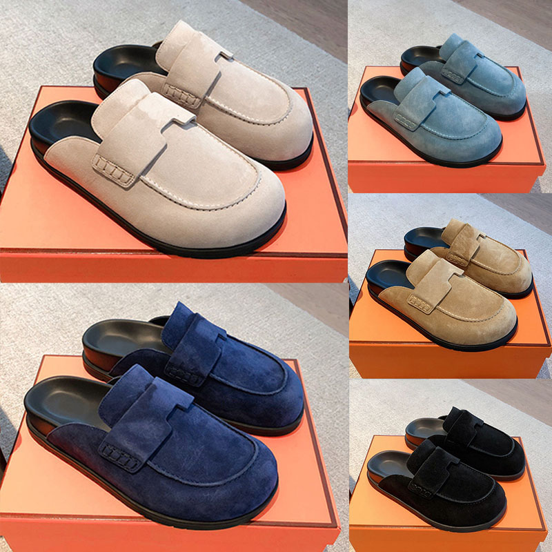 Italian designer Summer suede calfskin Mule Women Men Flat Slippers Fashion beige Indoor Slide Beach Sandals Casual mule with iconic cut out logo shoes