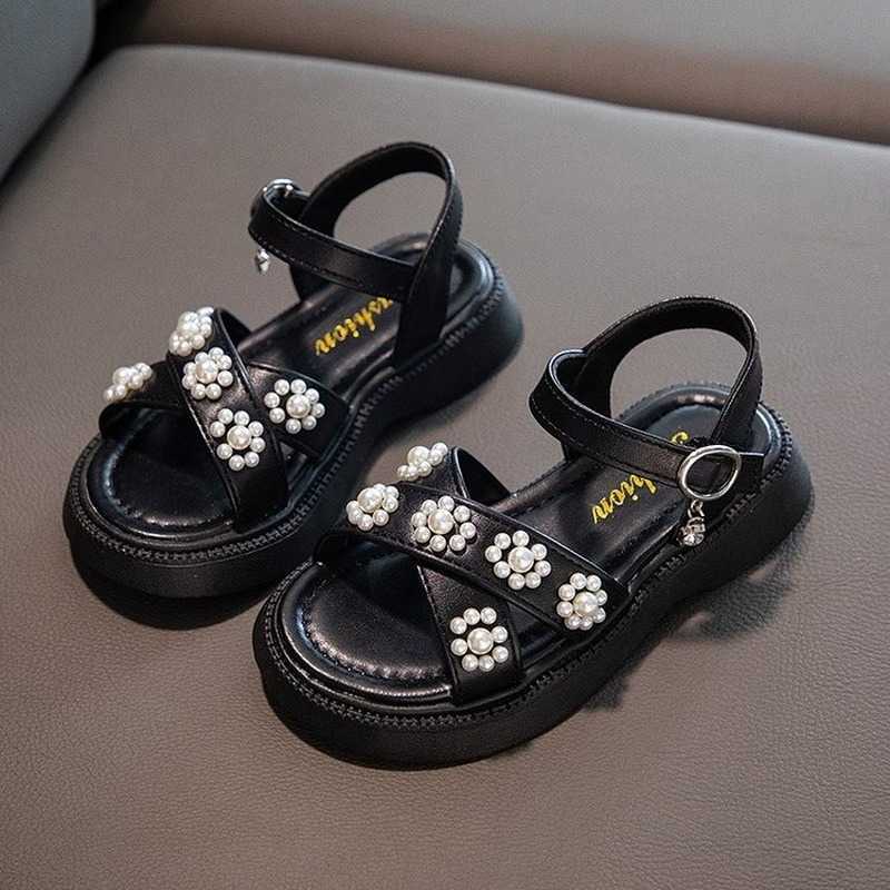 Sandals Children Sandals 2024 Summer New Girls Style Kids Fashion Versatile Pearls Cute Princess Hook Loop Solid Black for Show